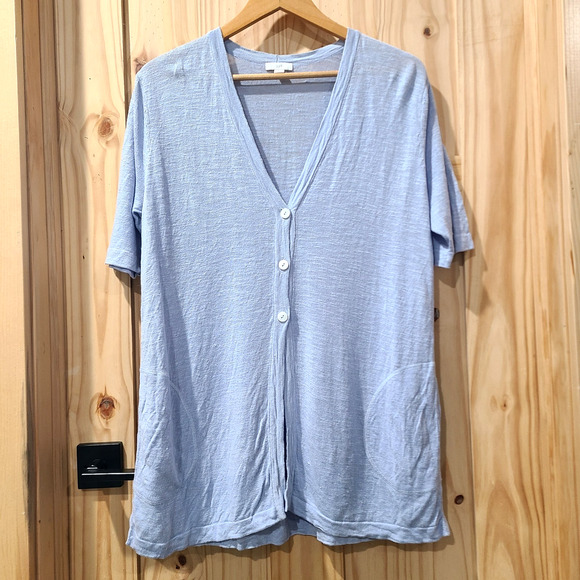 J Jill Linen Blend Button V Neck Summer Cardigan Sweater Coastal Grandma Beach M - Picture 1 of 11